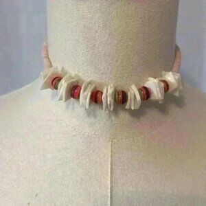 Bead And Shell Vintage Necklace/Choker.  16”. Twist Closure.